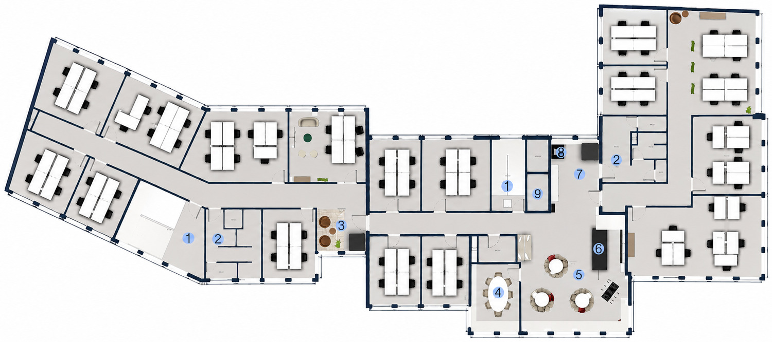Etagenplan 2. Obergeschoss, WORKERY Blaubach 32 Köln, 600 qm Bürofläche mit Konferenzraum, Gemeinschaftsbereich und Küche